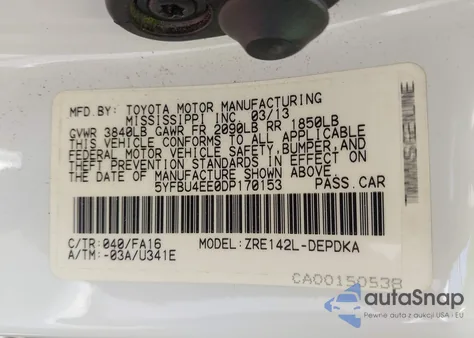 2013 Toyota Corolla L из США, поврежденный, VIN 5YFBU4EE0DP170153